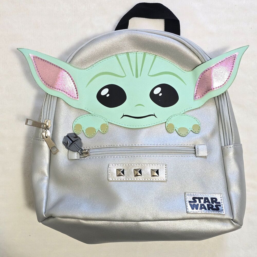 Star Wars Grogu Baby Yoda Kids Small Gray Faux Leather Backpack Zip Unisex